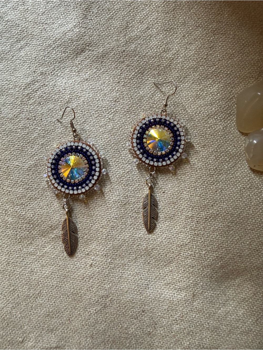 Iridescent Blue Crystal Beaded Feather Drop Earrings